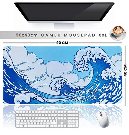 90x40cm Büyük Boy Kaymaz Kauçuk Taban Dikişli Kenar Gaming Oyuncu Mousepad XL Japon Dalga
