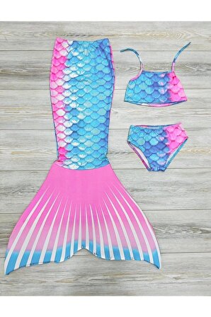 Kız Çocuk Deniz Kızı Kostüm Bikini - Mayo Efsane Little Mermaid Pembe Mavi Renk Geçişli Balıksırtı