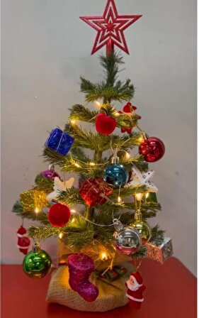 Yılbaşı Masaüstü Süslü Yeni Yıl Çam Ağacı 40 cm, Kütüklü Jütlü- 28 Parça Süs SET