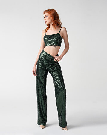 Kadın Yeşil Yüksek Bel Bol Paça Payet Pantolon