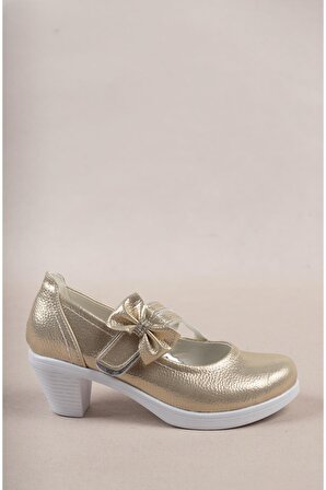 Topuklu Çatal Baretli Altın Kız Çocuk Ayakkabı