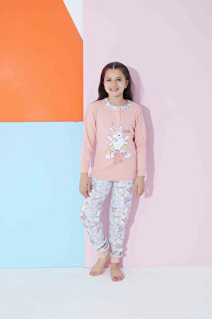 Kız Çocuk Unicorn Baskılı Mevsimlik Alt Üst PijamaTakımı 2364 - G