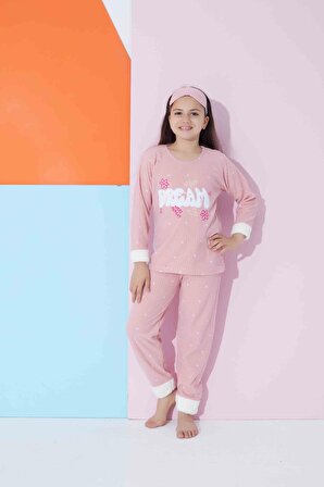 Kız Genç Ve Çocuk Dream Yazılı Uzun Kollu Polar Peluş Kumaş Kışlık Sıcak Tutan Pijama Takımı 2359