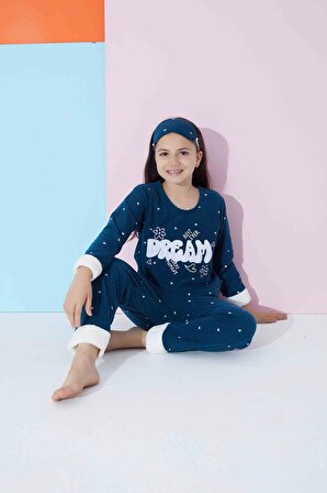 Kız Genç Ve Çocuk Dream Yazılı Uzun Kollu Polar Peluş Kumaş Kışlık Sıcak Tutan Pijama Takımı 2359 L