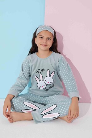 Kız Genç ve Çocuk Tavşanlı Puantiye Desenli Yeşil Uzun Kollu Polar Peluş Pijama Takımı 2371