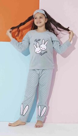 Kız Genç ve Çocuk Tavşanlı Puantiye Desenli Yeşil Uzun Kollu Polar Peluş Pijama Takımı 2371