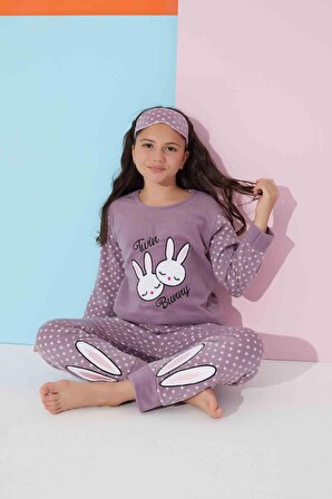 Kız Genç ve Çocuk Tavşanlı Puantiye Desenli Yeşil Uzun Kollu Polar Peluş Pijama Takımı 2371 L