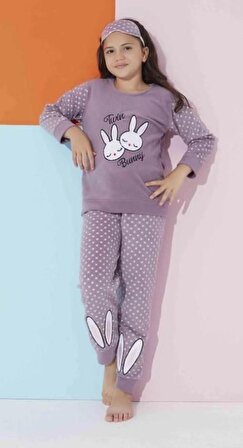 Kız Genç ve Çocuk Tavşanlı Puantiye Desenli Yeşil Uzun Kollu Polar Peluş Pijama Takımı 2371 L