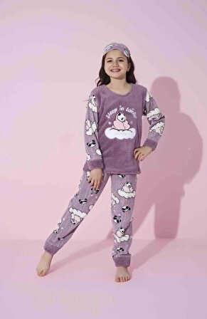 Çocuk Panda Desenli Uzun Kollu Polar Peluş Kumaş Kışlık Sıcak Tutan Pijama Takımı 0102