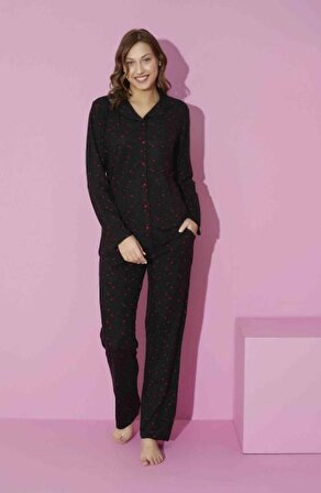 Kadın Önden Düğmeli Puantiyeli Uzun Kollu Pijama Takımı 6100-S
