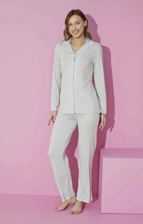 Kadın Önden Düğmeli Yıldızlı Uzun Kollu Pijama Takımı Y-6100