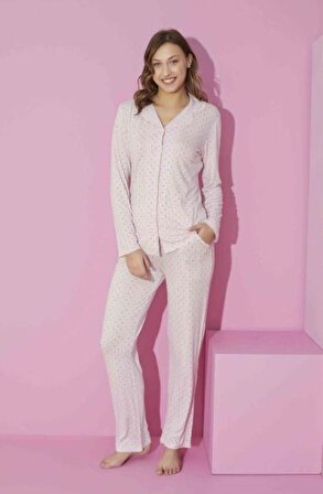 Kadın Önden Düğmeli Yıldızlı Uzun Kollu Pijama Takımı 6100-P