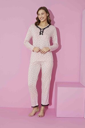 Kadın Dantel Detay  Puanteyeli Uzun Kollu  Pijama Takım 6200