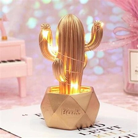 Periboia Led Işıklı Sevimli Kaktüs Dekoratif Masa Lambası Mini Biblo Gece Lambası-GOLD