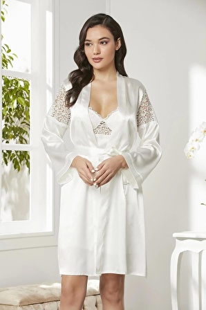 Pierre Cardin 6'lı Saten Gecelik Sabahlık Takım Çeyiz Seti 6955 - Ekru