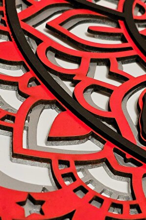 Siyah Kırmızı Beyaz Gri Kurt Dekoratif 4 Katmanlı 3D Mandala Kurt Ahşap Tablo EV OFİS DEKORASYON