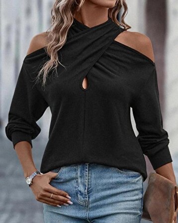 Kadın Uzun Kollu Göğüs Damla Detay Yaka çapraz Askı Omuz Açık Sandy Bluz