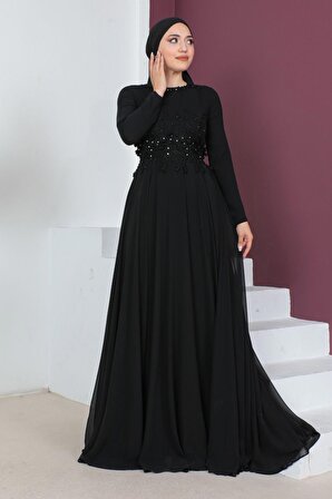 Bel Detaylı Tesettür Abiye Elbise 660-Siyah