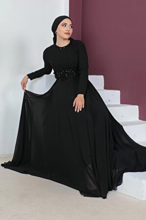 Bel Detaylı Tesettür Abiye Elbise 660-Siyah