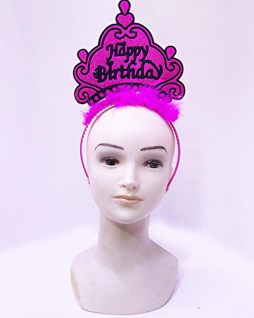 Neon Happy Birthday Doğum Günü Tacı (24x15 cm) - Fuşya Pembe
