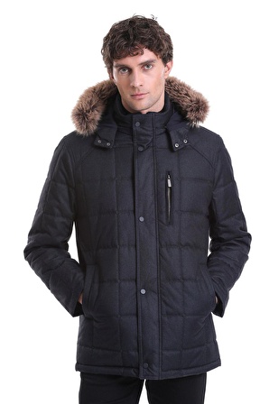 Lacivert Slim Fit Düz Hakim Yaka Kürklü Kapüşonlu Kaban | L