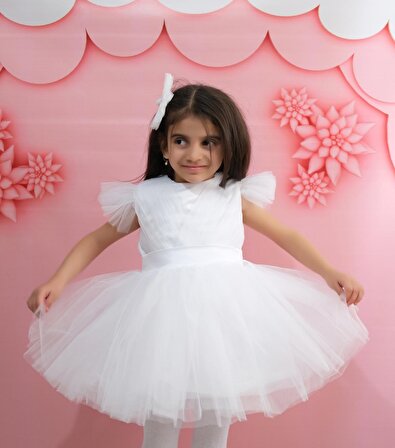 Kız Çocuk Abiye Beyaz Parıltılı Tütü Etekli Kabarık Parıltılı Kloş Abiye Elbise
