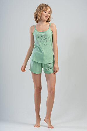Kadın Yosun Yeşili Pamuklu İp Askılı Şortlu Pijama Takım
