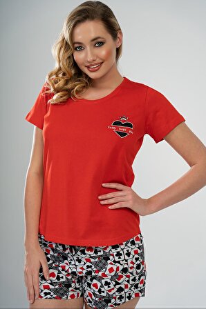 Kadın Kırmızı Pamuklu Kısa Kol Şortlu Pijama Takım
