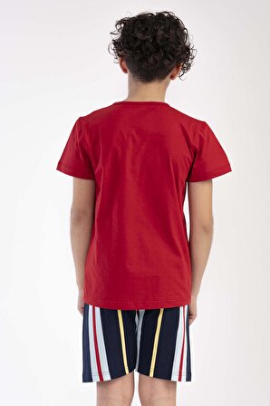 Erkek Çocuk Kırmızı Pamuklu Kısa Kol Şortlu Pijama Takım
