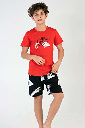 Erkek Çocuk Kırmızı Pamuklu Kısa Kol Şortlu Pijama Takım
