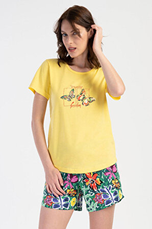 Kadın Sarı Pamuklu Kısa Kol Şortlu Pijama Takım