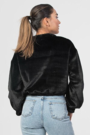 Lefon Önü Fermuar Detaylı Kürklü Kadın Sweatshirt - Siyah
