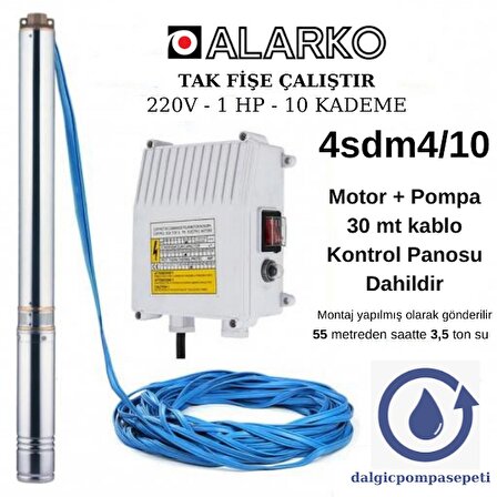 Alarko 4SDM4/10 Dalgıç Pompa Set Halinde - 30 mt Kablolu - Panolu - Monofaze (220V)