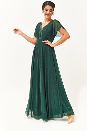 Kadın Büyük Beden Yaka Boncuk Detaylı Uzun Yeşil Abiye & Davet Elbisesi