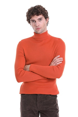 Turuncu Slim Fit Fitilli Balıkçı Yaka Yünlü Triko Kazak | M