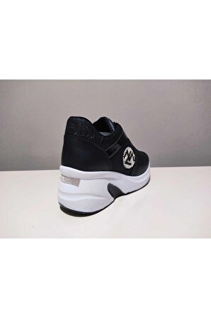 Yeni Sezon Modelando Beyaz Sneaker Gizli Dolgu Taban Kadın Yürüyüş Ayakkabısı Cilt Simli Siyah
