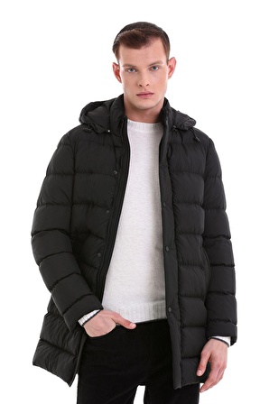 Siyah Slim Fit Hakim Yaka Kapüşonlu Basic Kaban | XL