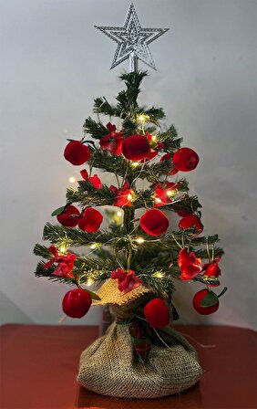 Yılbaşı Masaüstü Süslü Yeni Yıl Çam Ağacı 40 cm, Kütüklü Kırmızı Konsept 25 Parça Süs SET