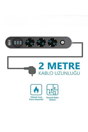 Akım Korumalı 3’lü Grup Priz Uzatma Kablosu 3 x USB 3 x Anahtar 2 Metre Kablo