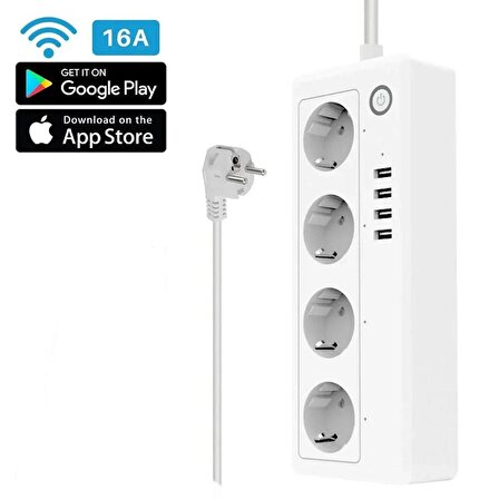 Akım Korumalı 4 Prizli, 4 USB'li, WiFi Bağlantılı Uzatma Kablosu Telefon Konturollü akıllı priz