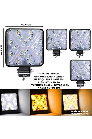 Off Road Kare Çalışma Lambası TURUNCU Çakar Angel-BEYAZ Led 5 Fonksiyon 10,5x10,5 cm 4 ADET-