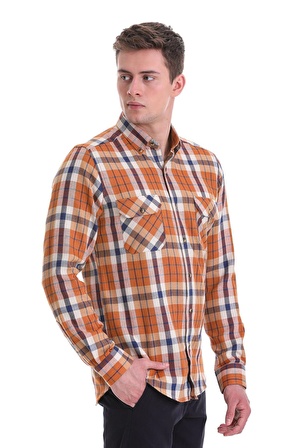 Turuncu Slim Fit Kareli 100% Pamuklu Düğmeli Yaka Uzun Kollu Casual Gömlek | S