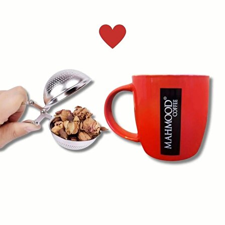 Mahmood Coffee Mottolu Porselen Kupa Kırmızı ve Küre Tasarımlı Silver  Çay Süzgeci