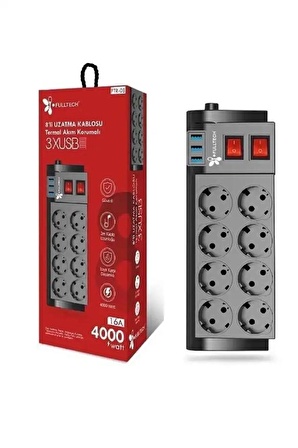 Termal Akım Korumalı Priz Çoklu 8 Li Priz 3 USB Port Girişi 2 Metre Uzatma Kablo A-Kalite