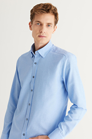 Erkek Mavi Slim Fit Dar Kesim Pamuklu Gizli Düğmeli Yaka Uzun Kollu Oxford Gömlek