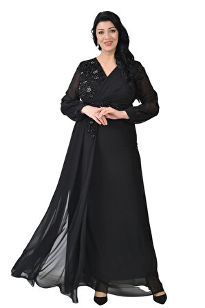 Lilas XXL Kadın Büyük Beden Uzun Şifon Abiye Elbise 9571 Siyah