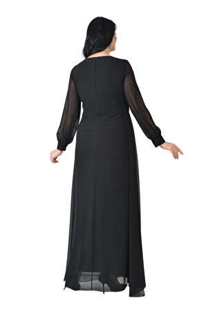 Lilas XXL Kadın Büyük Beden Uzun Şifon Abiye Elbise 9571 Siyah
