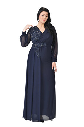 Lilas XXL Kadın Büyük Beden Uzun Şifon Abiye Elbise 9571 Lacivert