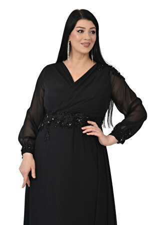 Lilas XXL Kadın Büyük Beden Uzun Şifon Abiye Elbise 9573 Siyah