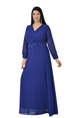 Lilas XXL Kadın Büyük Beden Uzun Şifon Abiye Elbise 9573 Saks